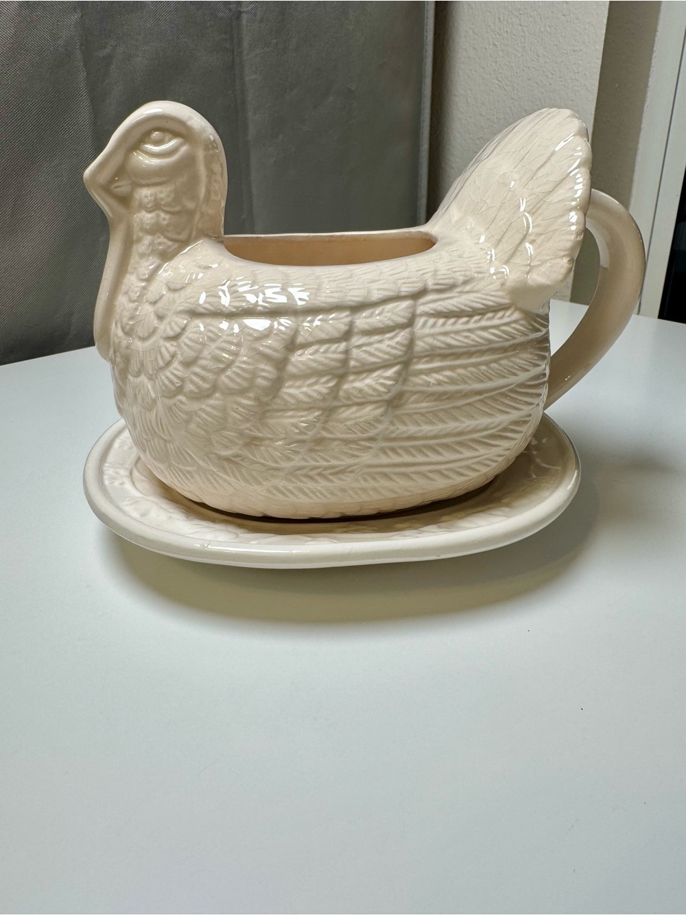 Vintage Cream Ceramic Hen Planter with Saucer